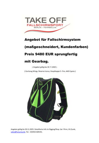 Komplettes Fallschirmsystem inkl. Gearbag